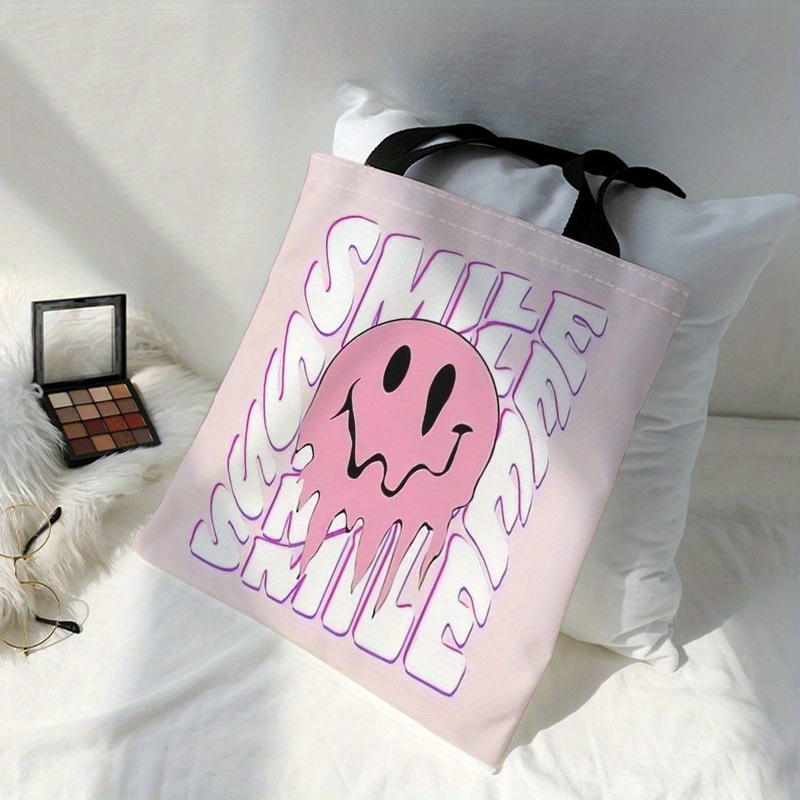 Smile Face Print Canvas Tote Bag, Large Aesthetic Shoulder Bag, Reusable  Shopping Bag & Travel Bag - Temu