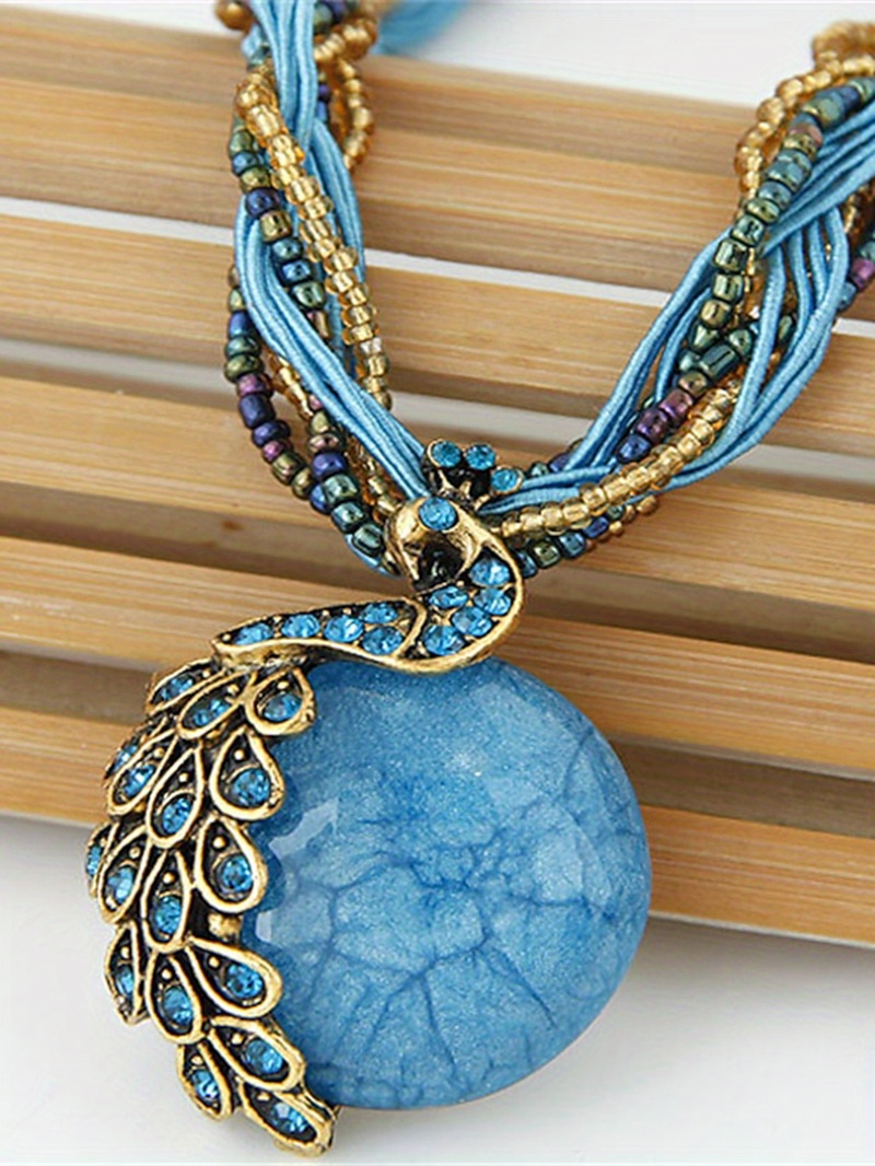 bohemian ethnic style retro leaf peacock gemstone pendant necklace for women girls details 5