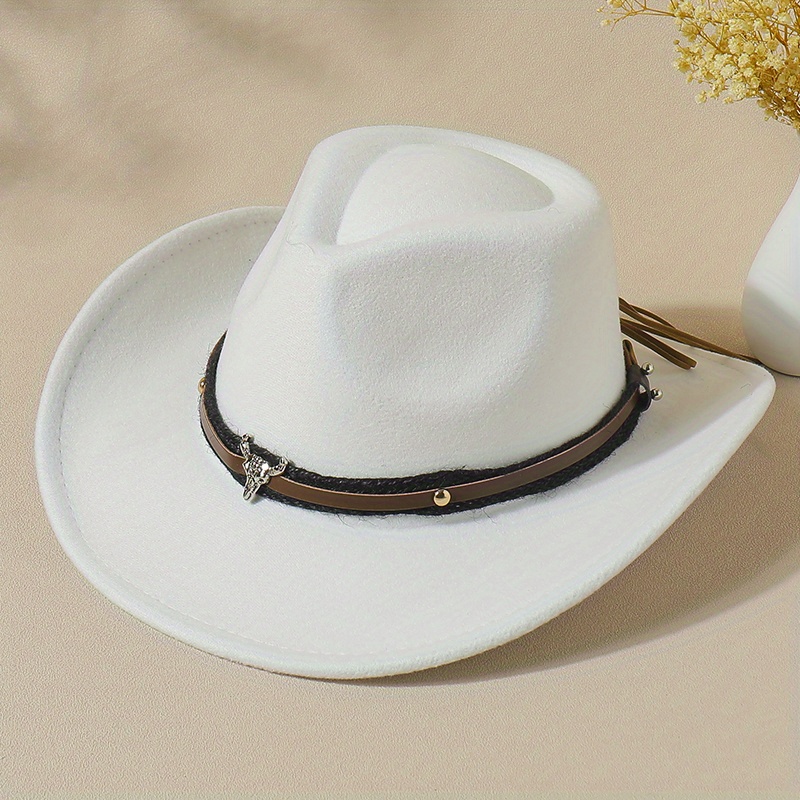 Vintage Jazz Fedora Cap Bull Head Cowboy Hat Solid Felt Casual Sun Hat
