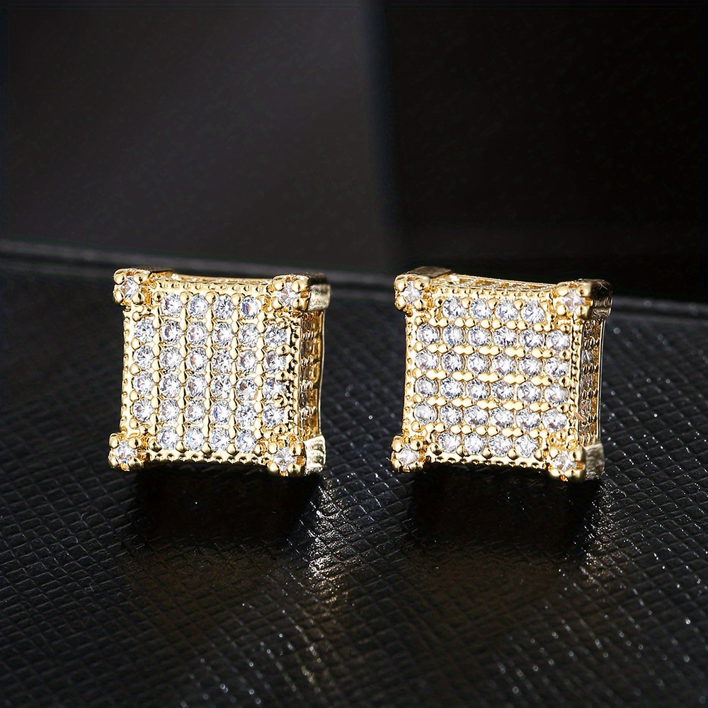 Square Cross Zircon Thread Stud Earrings, Hip Hop Style