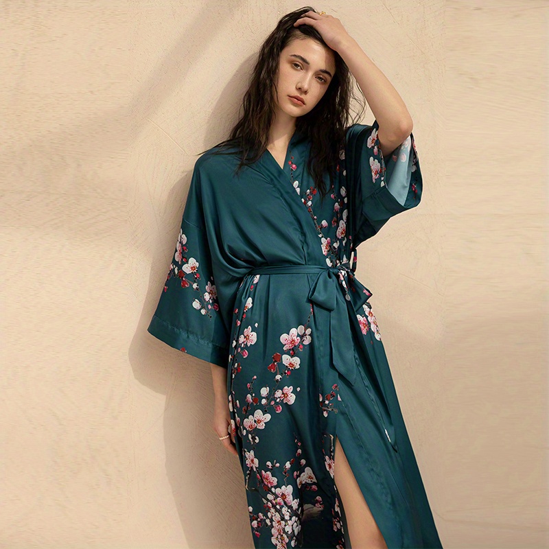 Floral Print Satin Night Robe Long Sleeve V Neck House Robe Temu