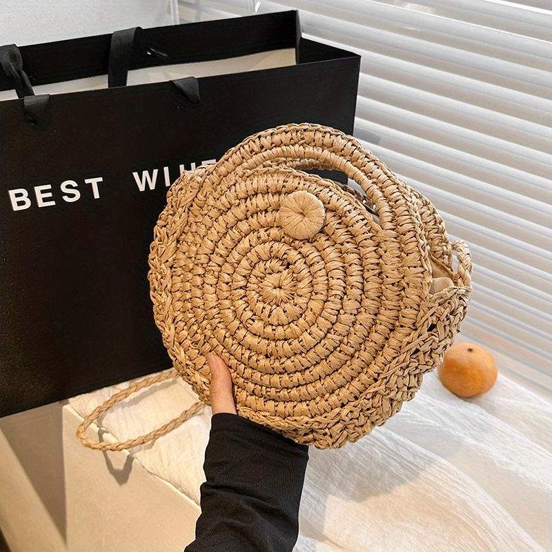 Handmade Round Straw Woven Beach Bag Boho Style Crossbody Bag Trendy ...