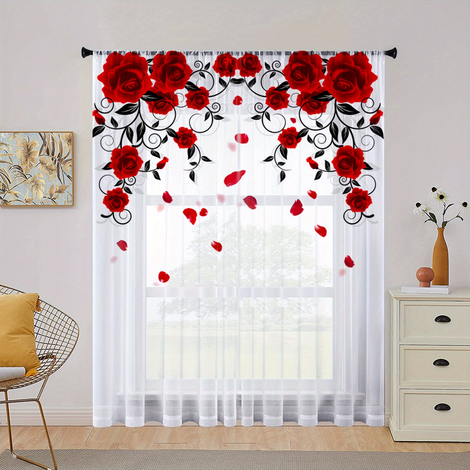 1pc red rose printing curtain rod pocket window treatment for bedroom office   room study home decor room decoration aesthetic curtain details 2