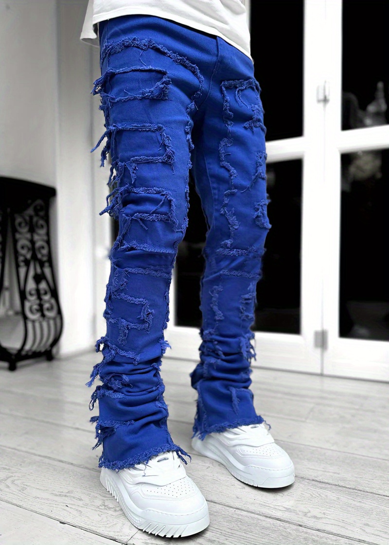 Men's Blue Denim Jeans Straight Tassel Casual Pants Frayed Street Punk  Trousers