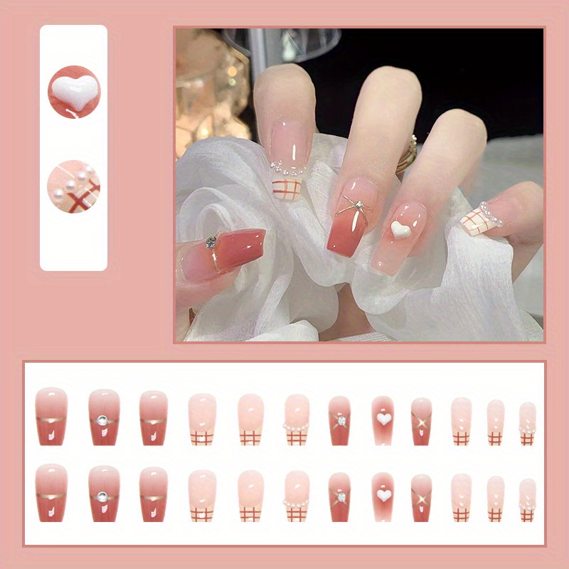 Heart Design Press On Nails With Rhinestones Long Coffin - Temu