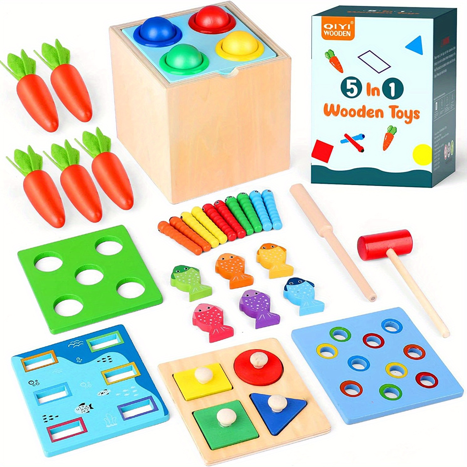 Juguetes Montessori de madera para niños de 1 año, 5 en 1, caja de  permanencia de objetos, caja de monedas, zanahoria, gusano de captura,  clasificador