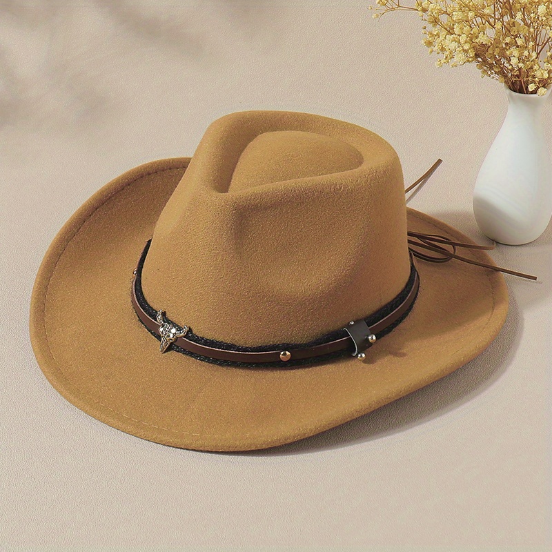 Vintage Jazz Fedora Cap Bull Head Cowboy Hat Solid Felt Casual Sun Hat