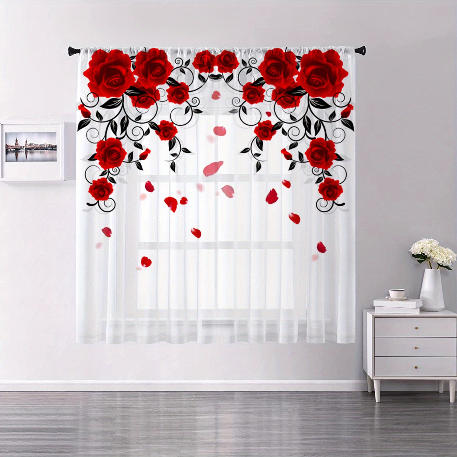 1pc red rose printing curtain rod pocket window treatment for bedroom office   room study home decor room decoration aesthetic curtain details 4