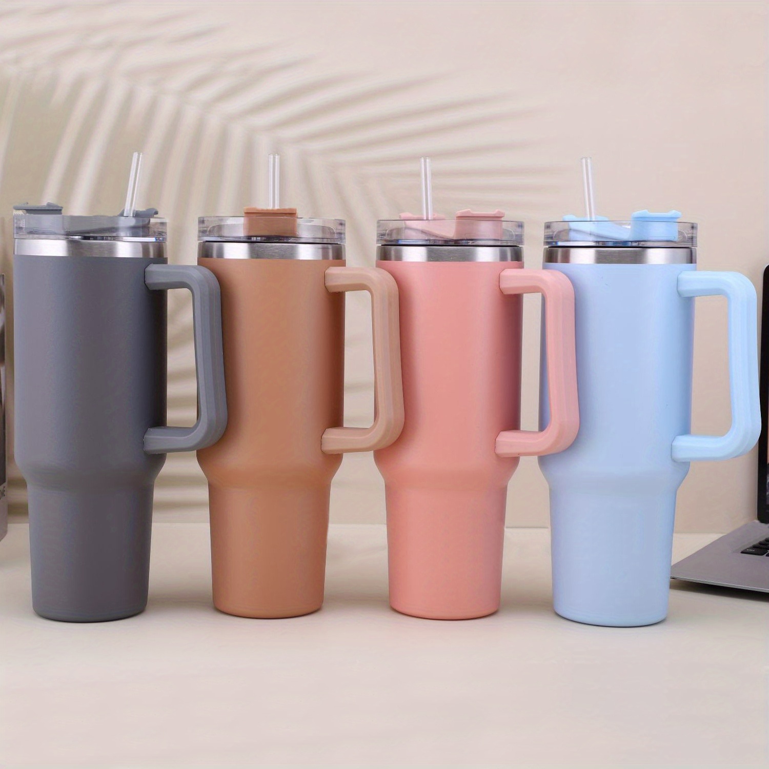 mininoo Vaso térmico de acero inoxidable de 40 onzas con tapa y pajitas,  vaso para café con doble vacío a prueba de fugas con asa (paquete de 2)