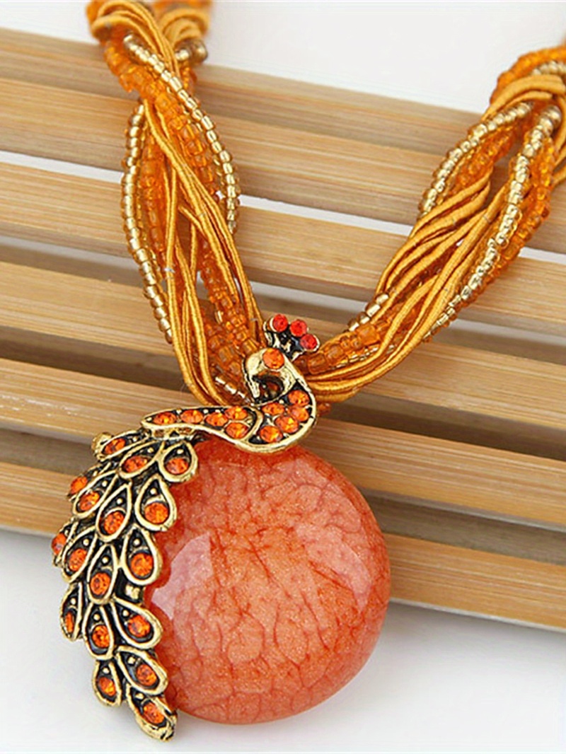 boho chic peacock leaf gemstone pendant necklace vintage alloy   parties valentines gift retro style bohemia style details 0