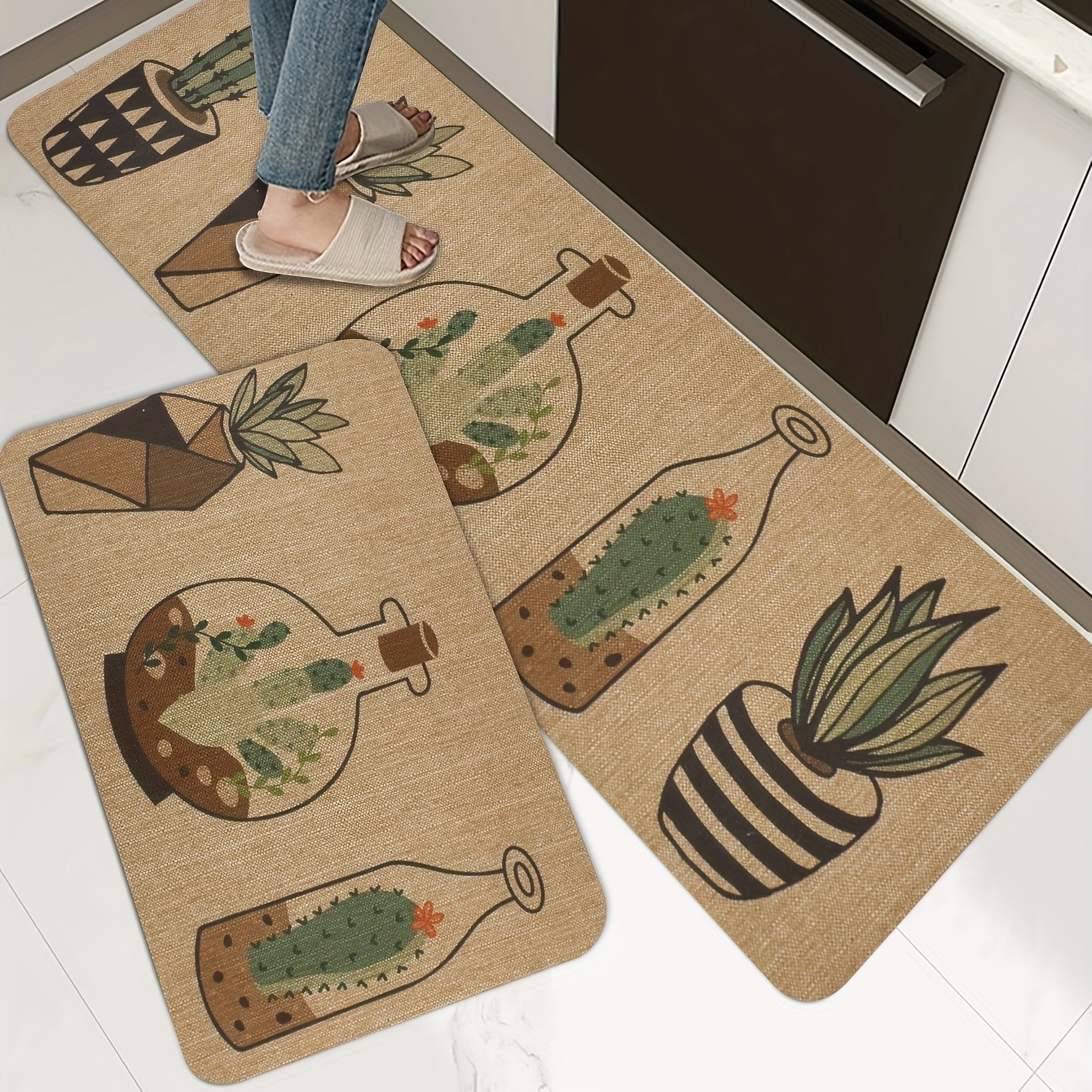 Linen Geometric Rooster Kitchen Rug Kitchen Mat Set of 2, Farmhouse Decor  for Kitchen Mats Cushioned Anti Fatigue 2 Piece Set and Chicken Kitchen Mat