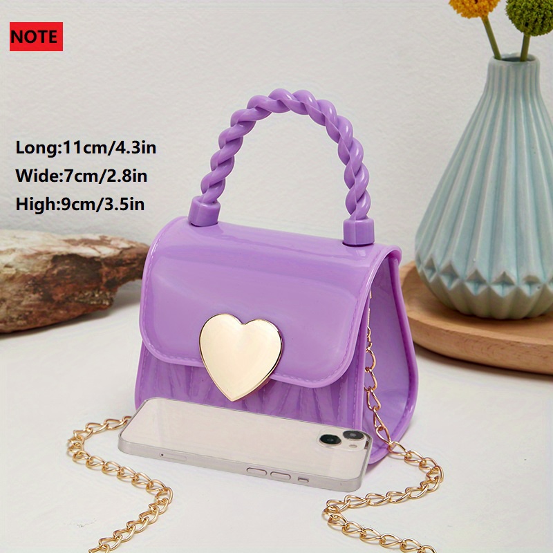 Metal Heart Decor Handbags, Mini Chain Crossbody Bag, Cute PVC Jelly Flap Purse for Women (4.3*2.8*3.5)Inch,Geometric,Purple,$7.99,Temu