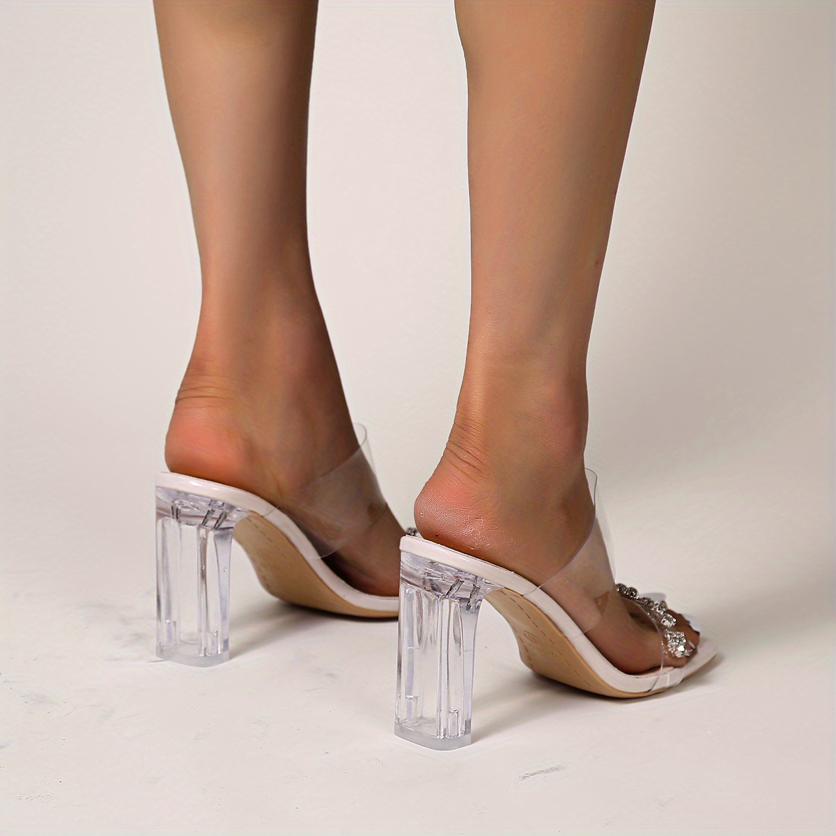 Women's Rhinestone High Heels Sandals, Fashion Square Open Toe Clear Block  Heels, Versatile Dress Sandals - Temu South Korea