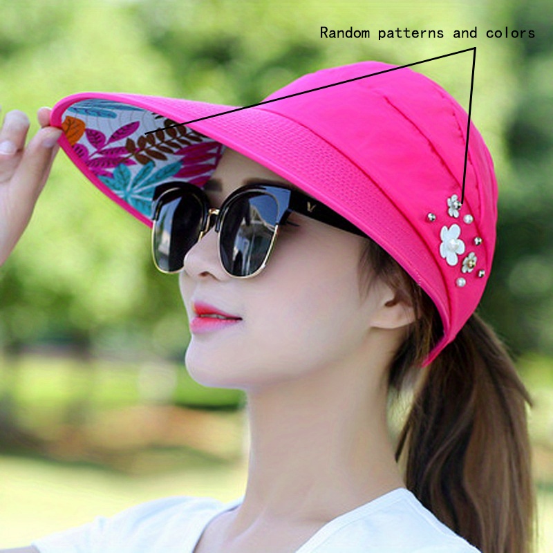 TEMU Visière de soleil à large bord pliable, chapeau de -, bonnet de plage à motif volant pour l'extérieur avec fausses perles et fleurs, chapeaux et