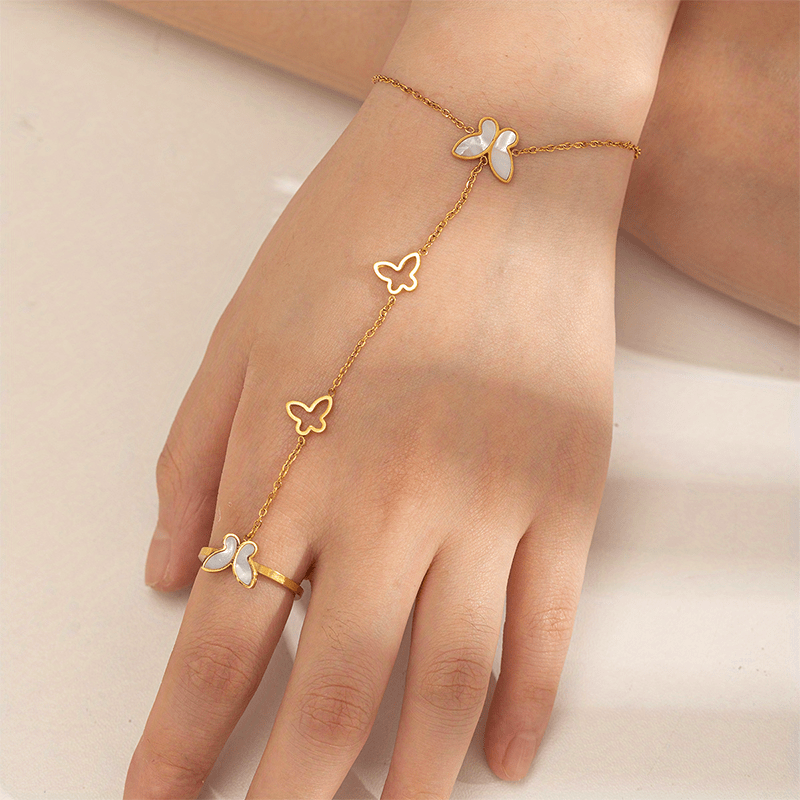 White Shell Butterfly Bracelet Ring Integrated Hand Back Chain Jewelry, Jewels for Women Girls Gifts,Temu