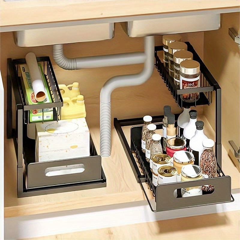Under Sink Organizer, Pull Out Cabinet Organizer 2-Tier Slide Out Sliding Shelf  Under Cabinet Storage Multi-Use for Under Kitchen Bathroom Sink Organizers  and Storage ，2 Pack