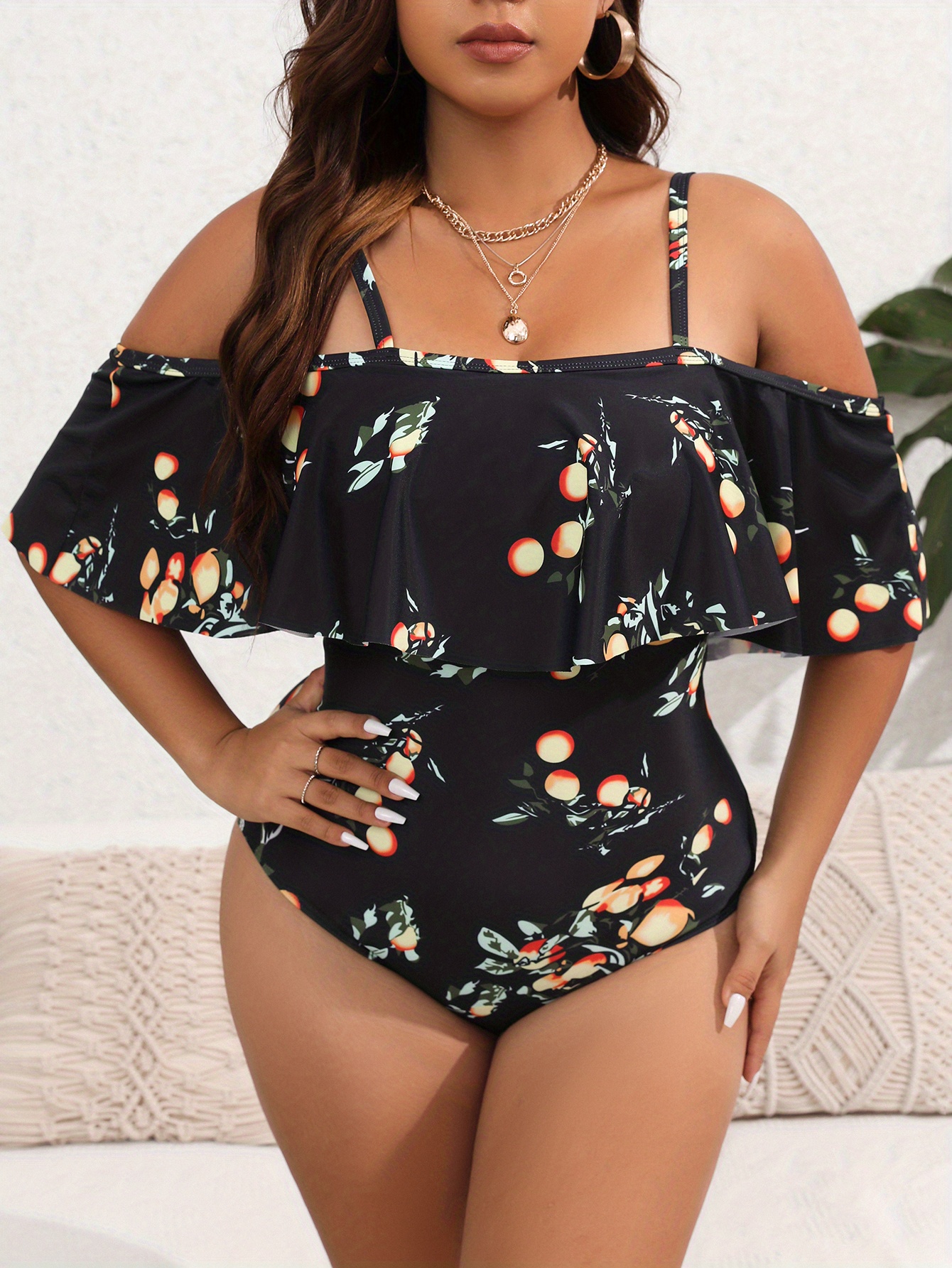 Plus Size Ruffle Trim Fruit Print Swimsuit Women s Plus Sexy Medium Stretch Beachwear