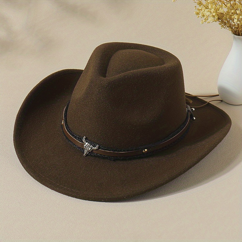 Vintage Jazz Fedora Cap Bull Head Cowboy Hat Solid Felt Casual Sun Hat