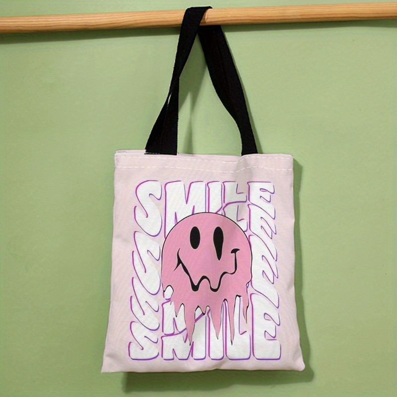 Smile Face Print Canvas Tote Bag, Large Aesthetic Shoulder Bag, Reusable  Shopping Bag & Travel Bag - Temu