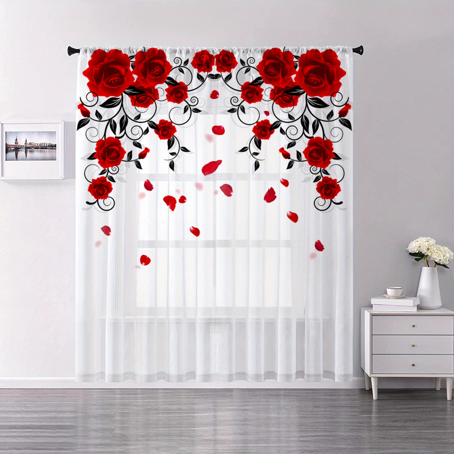 1pc red rose printing curtain rod pocket window treatment for bedroom office   room study home decor room decoration aesthetic curtain details 3