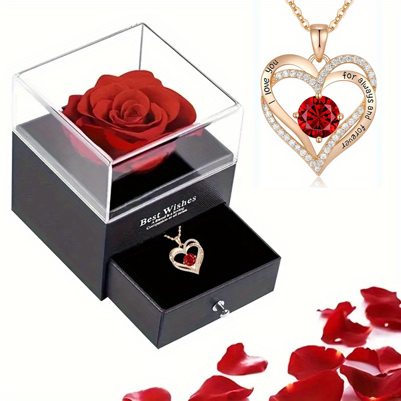 luxury red zircon pendant necklaces with rose flower gift box for girlfriend women i love you gifts romantic anniversary party birthday wedding gift jewelry details 0