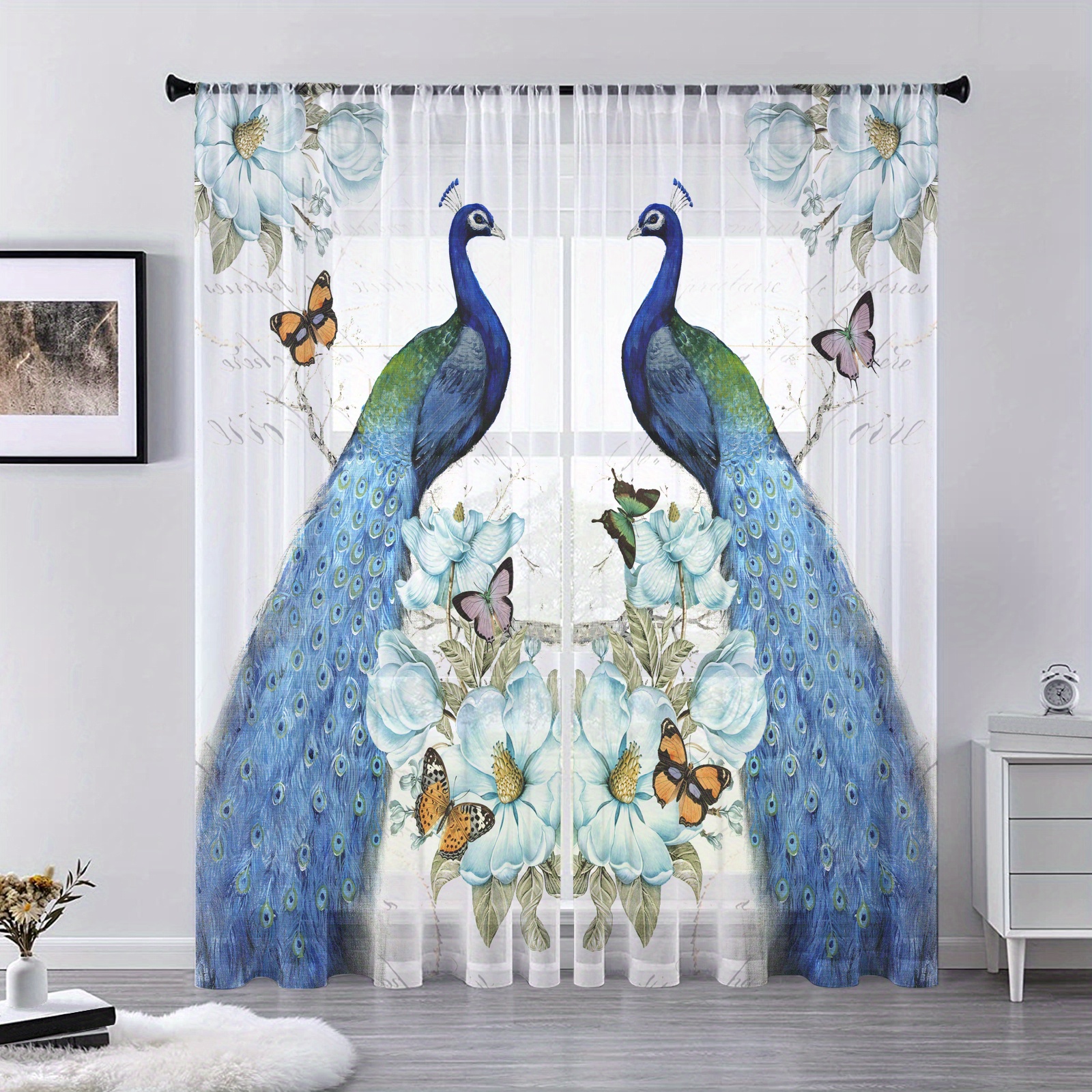 Blue Peacock Flower Printing Curtain Rod Pocket Window - Temu