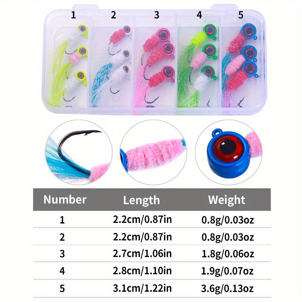 15pcs Feather Metal Jig Head Hook Fishing Kit - Perfect For Crappie,  Walleye, Panfish, Bluegill & More (0.8g-3.6g)