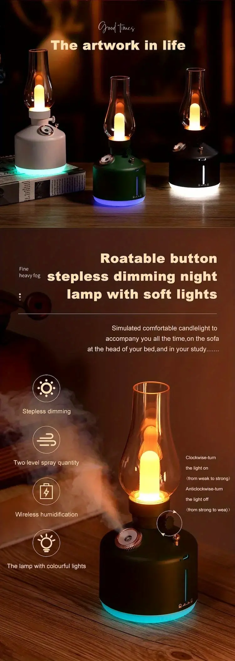 retro time light wireless humidifier small home silent bedroom office desktop night light charging aromatherapy machine details 2