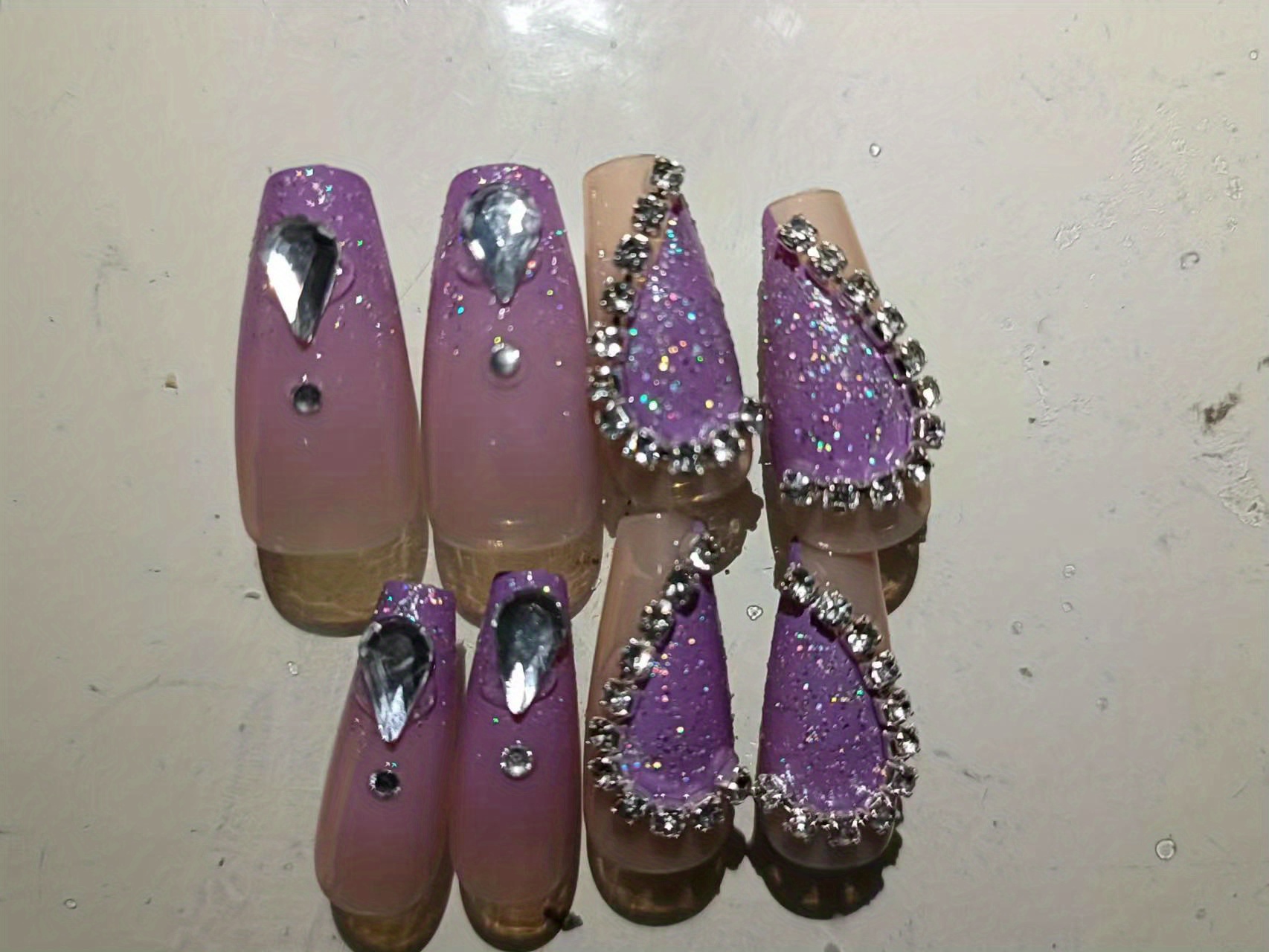 NO.4 Amourwa customT Type Purple Heart Rhinestone Nail Long-lasting  Resuable Press On Nail Manicure Set