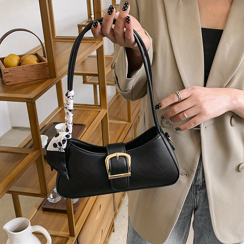Minimalist Buckle Detail Baguette Bag Fashion Black