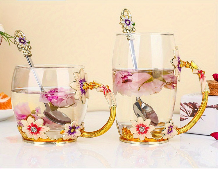 240 ml tasse de thé en verre opale avec des décalcomanies de fleurs