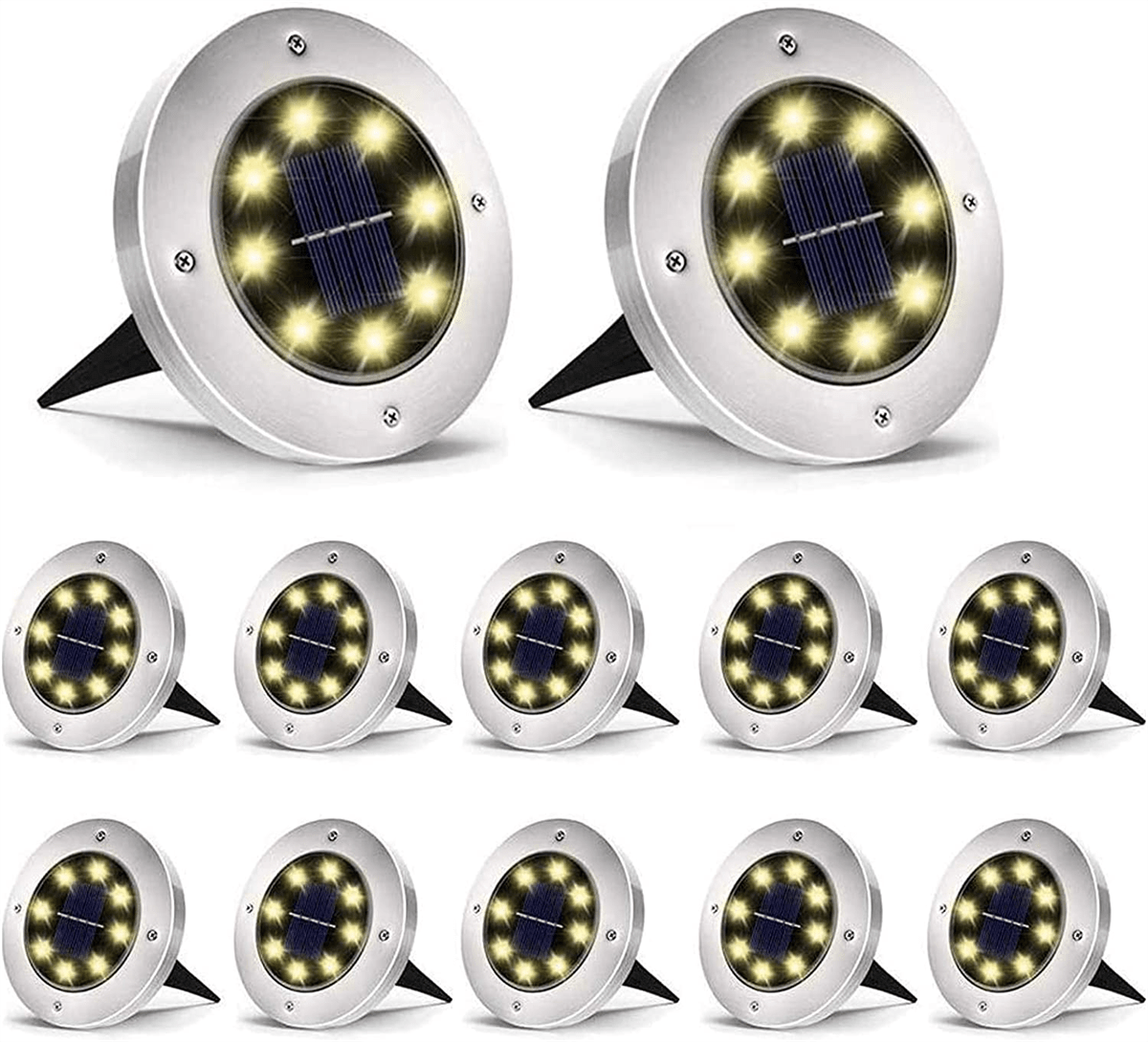 solar ground lights 12 pack 8led solar garden lights outdoor waterproof sidewalk disk bright in ground landscape lighting for lawn patio pathway yard steps deck walkway light warm white white 12 packs details 0