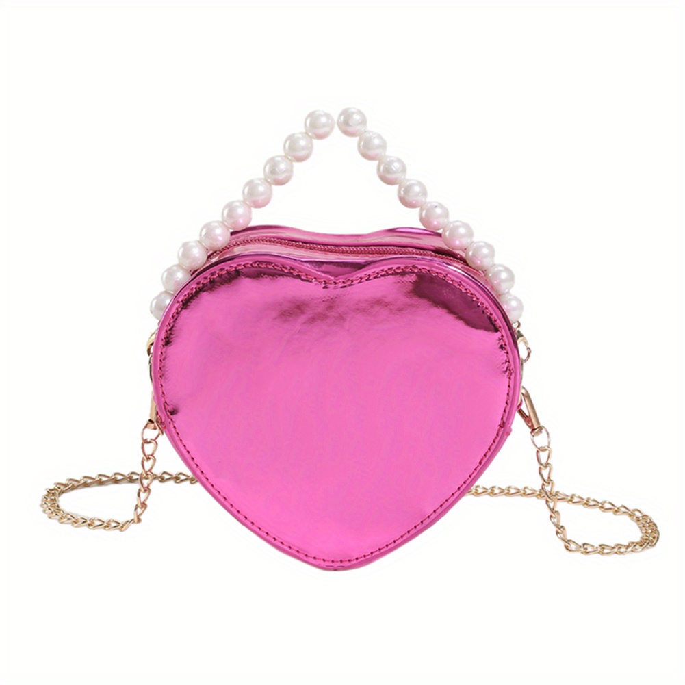 Rose Pink Heart Shaped Handbag, Pink Heart Pearl Strap Bag