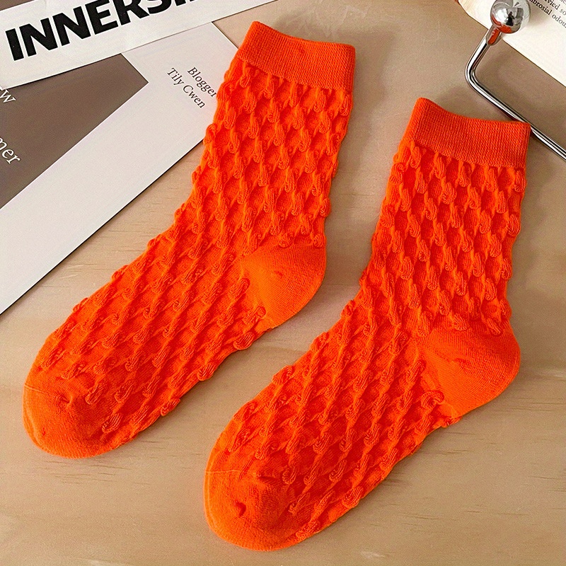 Textured Crew Socks, Solid Color Sporty Mid Tube Socks, Comfort