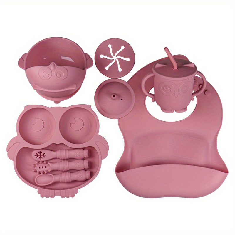 Baby Feeding Set - Silicone Bibs Babies Suction Bowls Baby Training Spoon-  Waterproof Baby Food Bibs First Stage Toddler Feeding Supplies-Cotton Candy  Pink