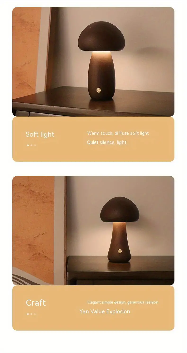 1pc led creative mushroom table lamp wood desk lamp bedroom bedside night light dimmable led lighting creative home decor table lamp unique house warm gift details 5