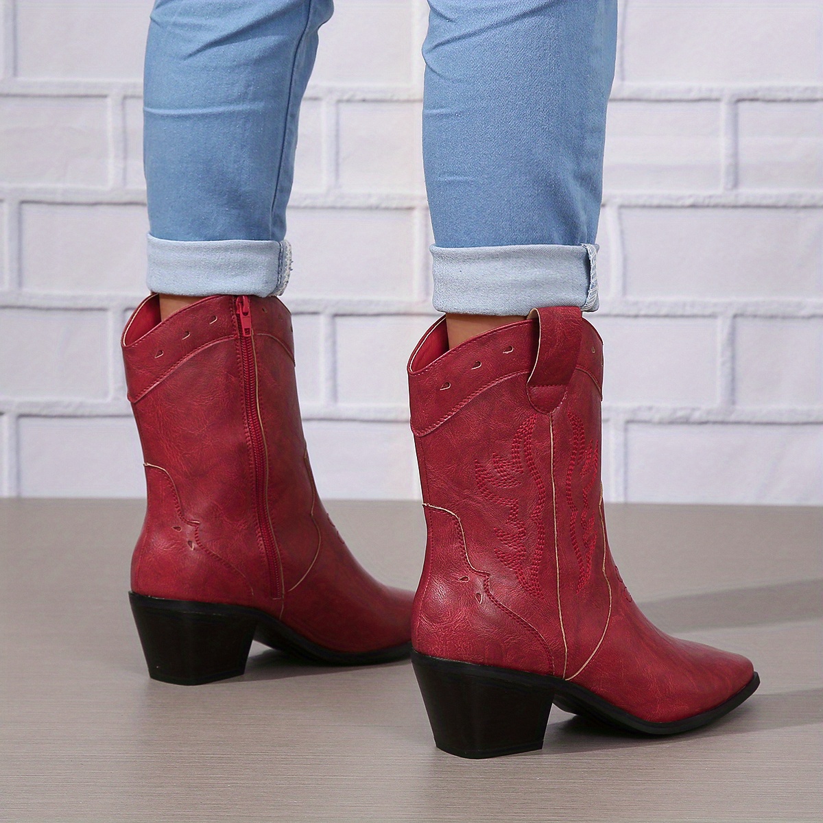 Women's Chunky Heel Western Cowgirl Boots Pointed Toe V cut - Temu