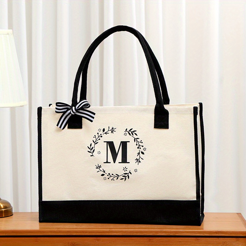 Letter Plant Pattern Tote Bag Large Capacity Durable Canvas Temu