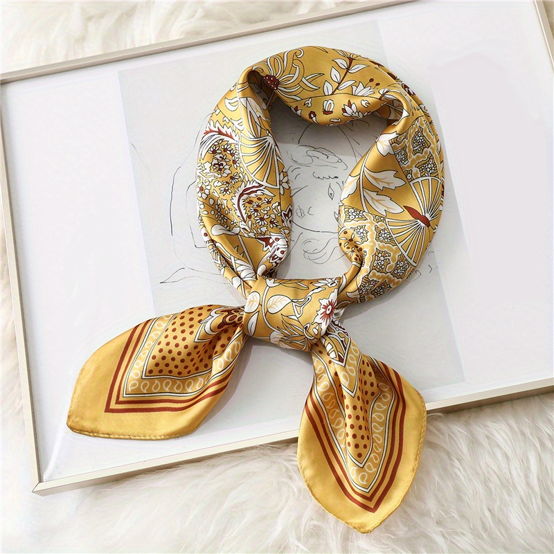 Classic Flower Print Bandana Elegant Neckerchief Imitation Silk Square ...