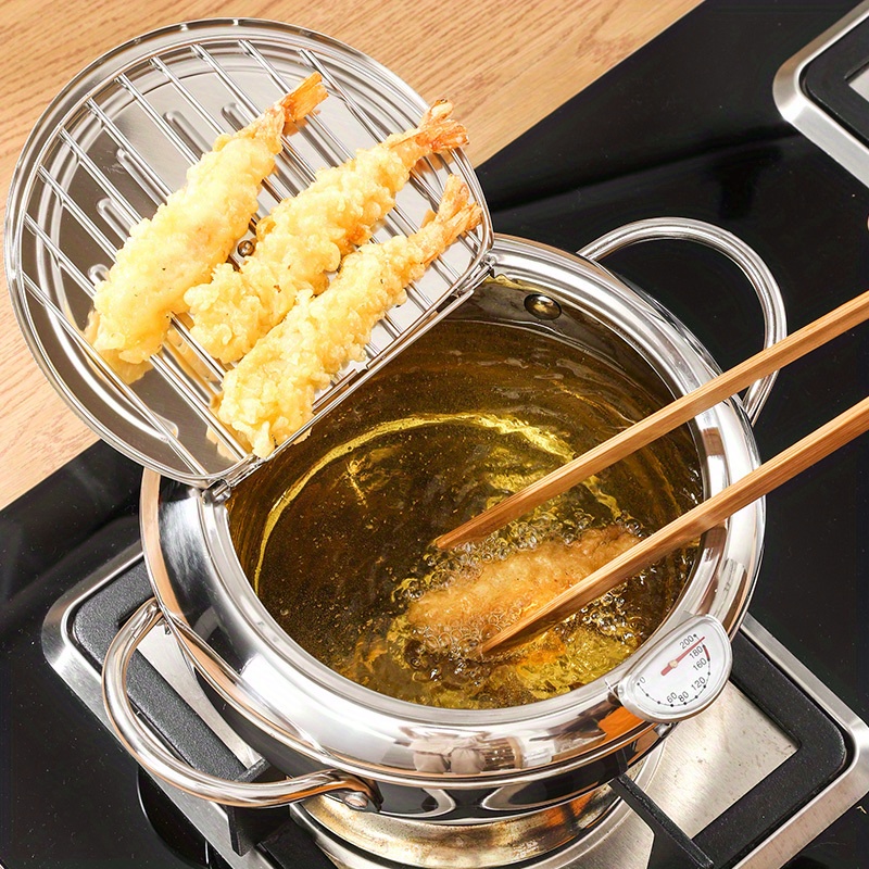 1pc Fry Pan, Deep Fryer, Japanese Deep Frying Pot 304 Stainless Steel Deep  Fryer Pan With Thermometer, Lid,Oil Drip Drainer Rack For Turkey Legs,  Chicken Wings, French Fries - 7.87inch/9.45inch