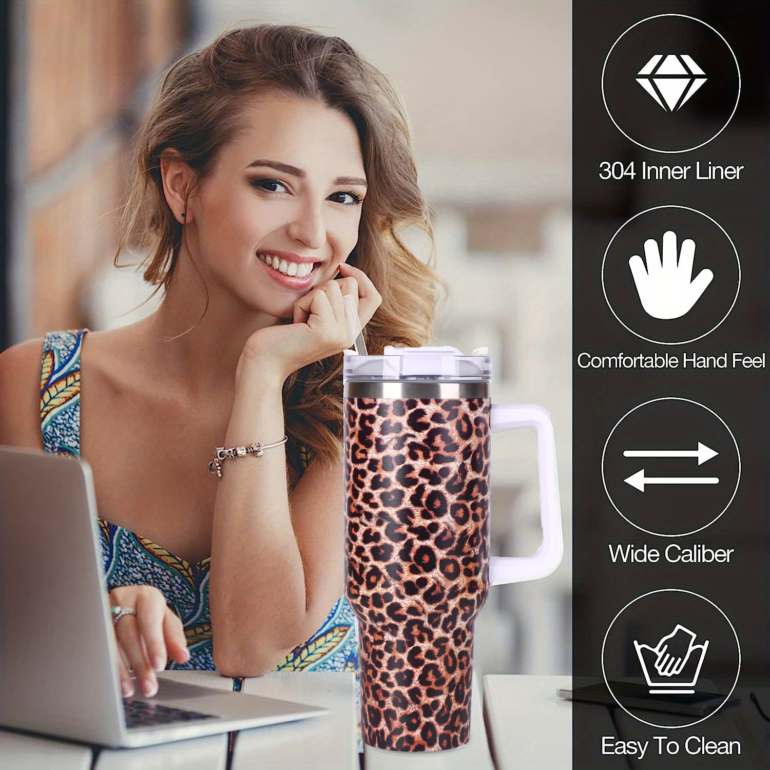 Insulated Tumbler With Handle And Straw Lid 40oz Capacity Leopard And