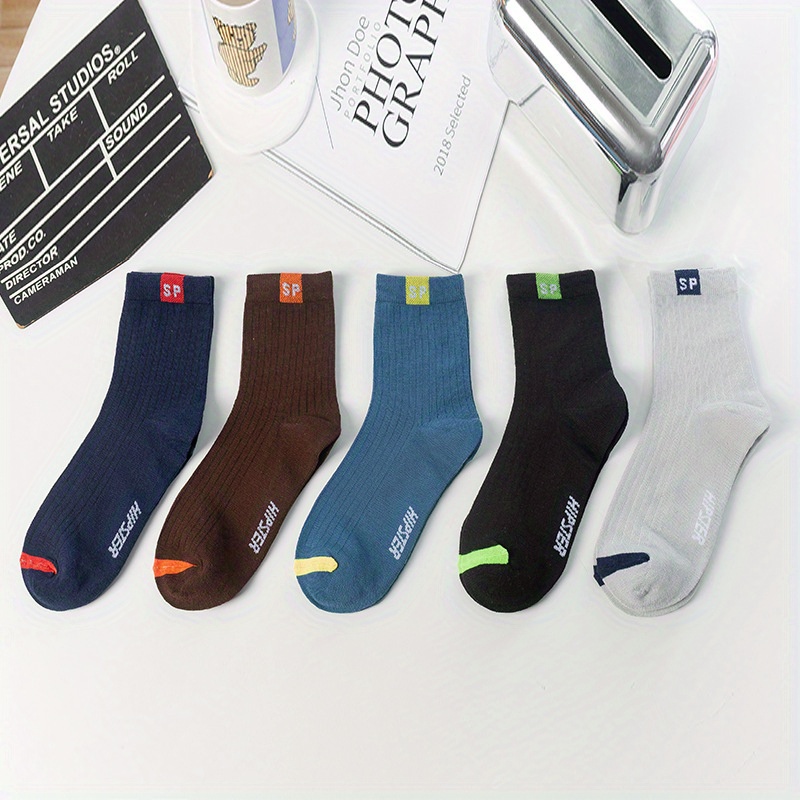 Image of 5 Pairs Of Men's Blend Mid-calf Socks, Breathable And Moisture-wicking, Suitable For Everyday Wear, Thin Style, Sweat-resistant