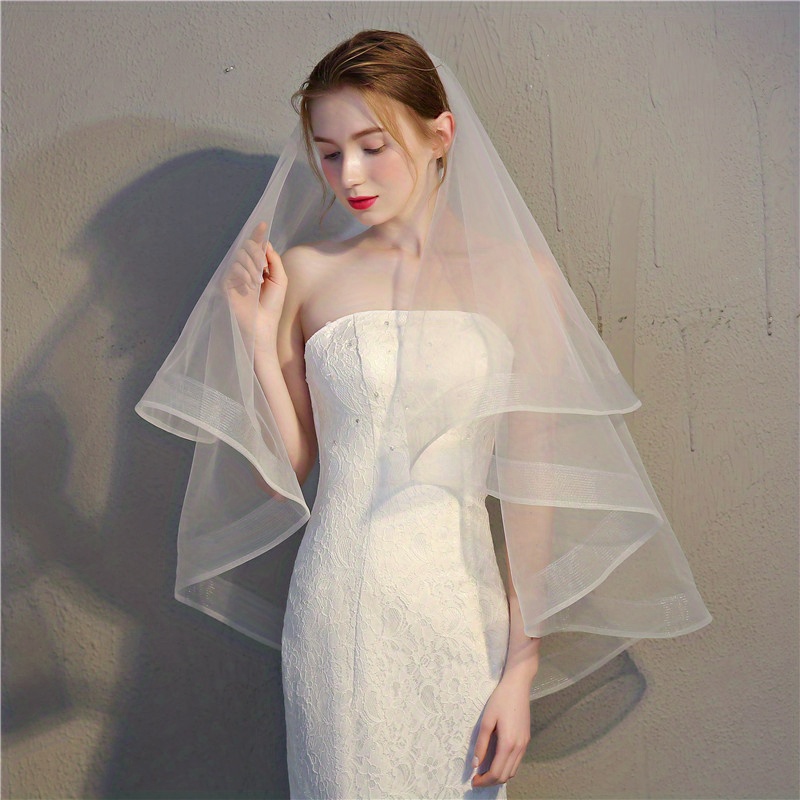 Lace Edge Bridal Wedding Veil White Short Simple Veil with Comb, Hair Brush Wedding Accessories,Temu