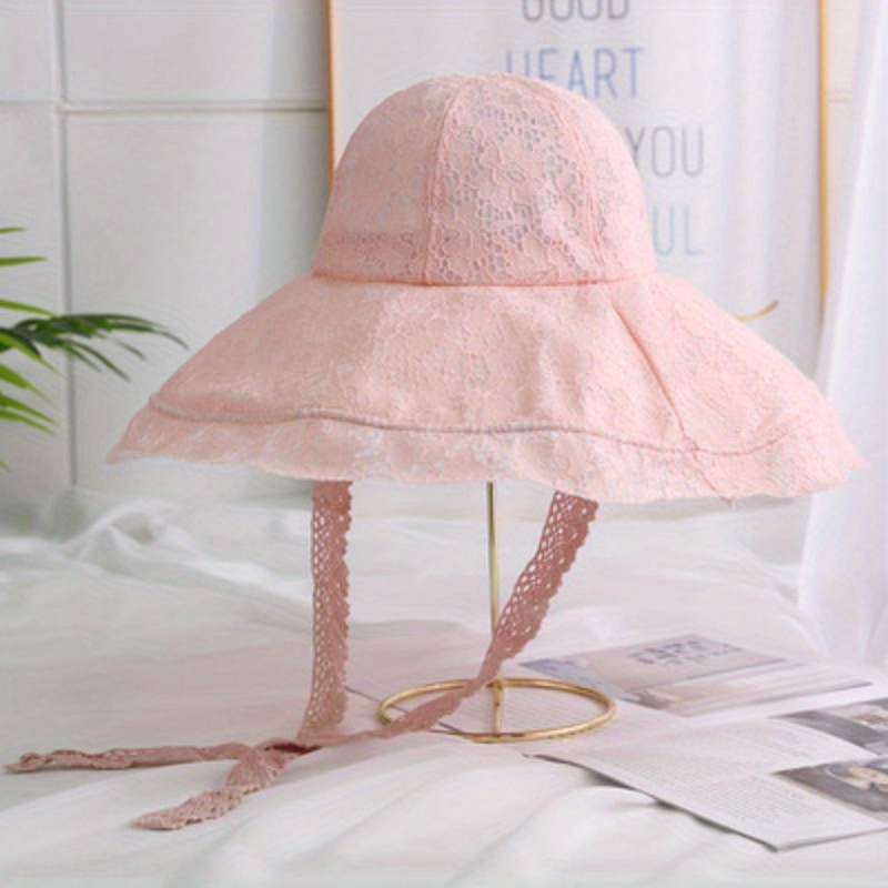 Wide Brim Lace Sun Hat Elegant Floral Hollow Out UV Protection Travel Beach Hats Trendy Floppy Lace Up Bucket Hats for Women,Temu