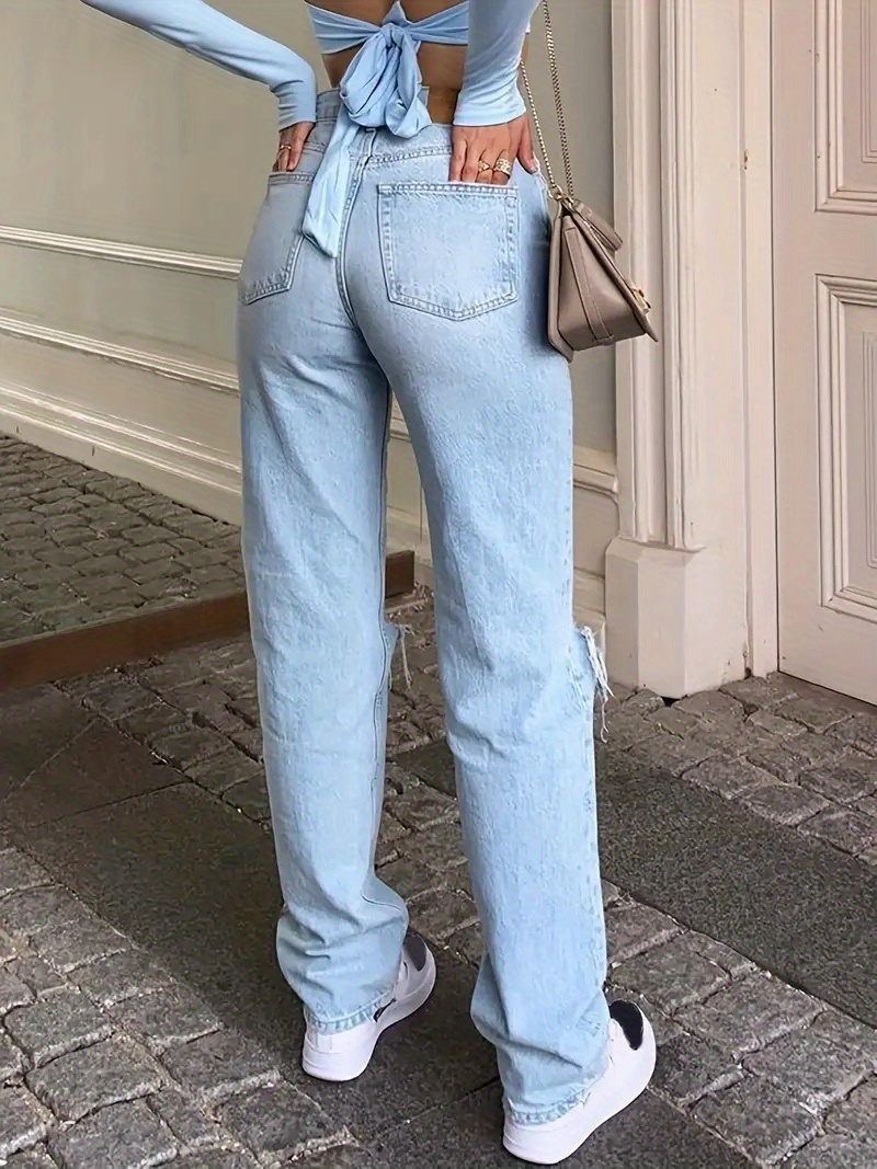 Blue Loose Fit Straight Jeans Ripped Holes Slash Pockets - Temu