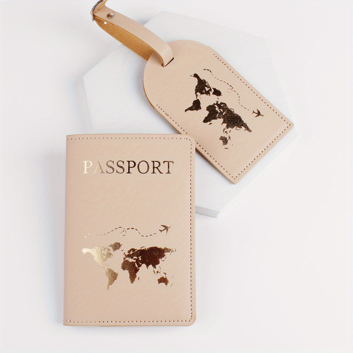 TEMU Fashionable 2pcs Travel Set: Stamped Passport Holder And Luggage Tag, Featuring Letter And Airplane Stamping, Hand-stitched Oil- Luggage Tag,