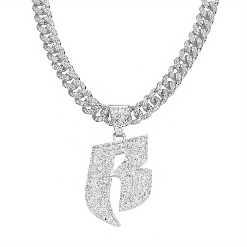 B Initial Rhinestone Cuban Link Chain Necklace