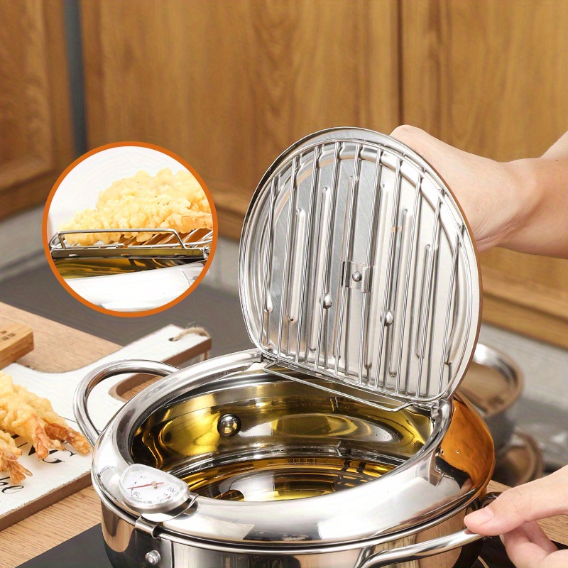 Deep Frying Pan with Lid Drainage Thermometer Stainless Steel