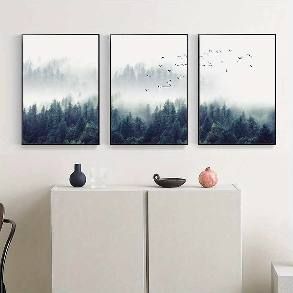 Art Canvas Print Posters, Modern Misty Forest Landscape Canvas Wall Art ...