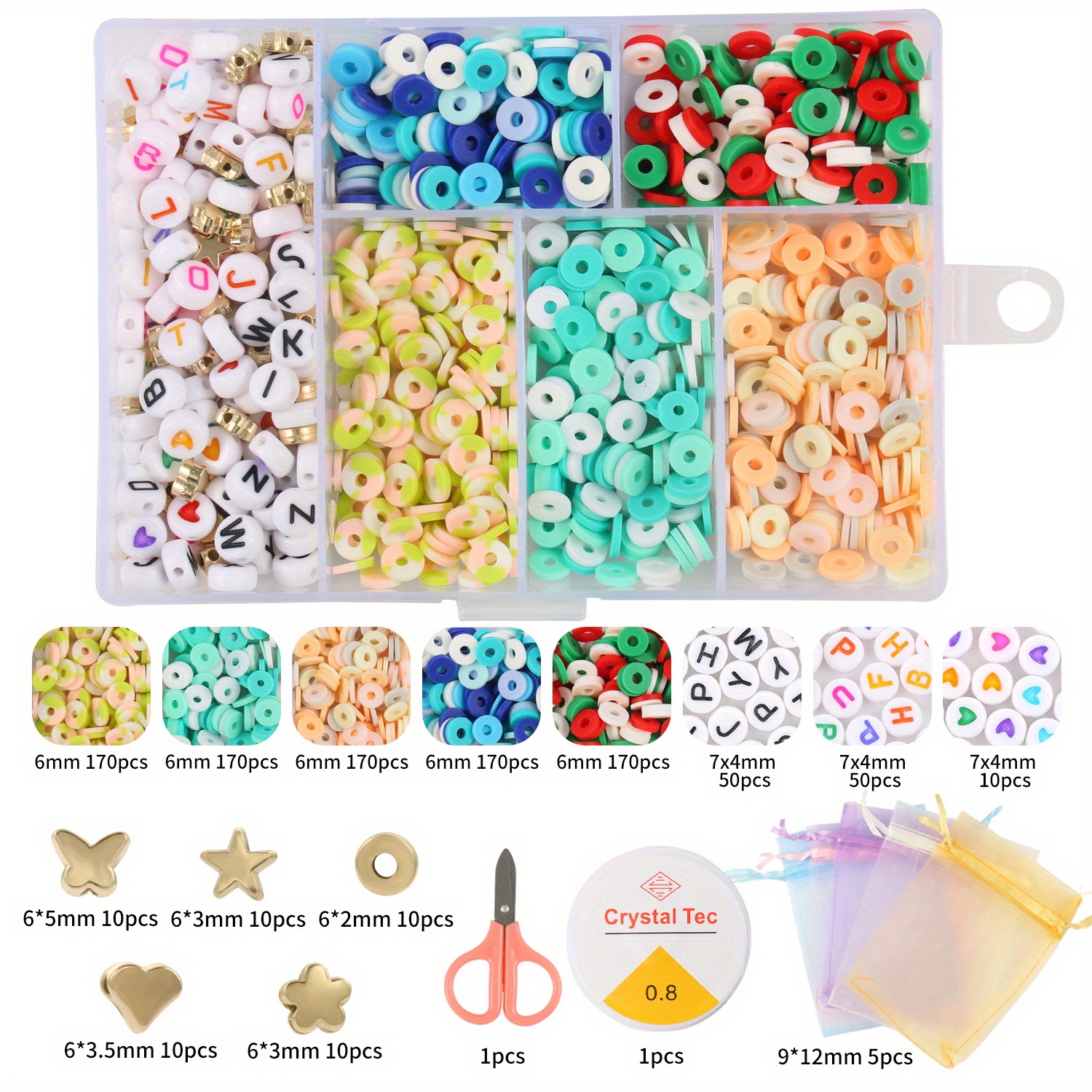 Polymer Clay Beads Kit Charms Glass Seed Beads Letter Bead Set Elastic  String Lobster Clasp Box